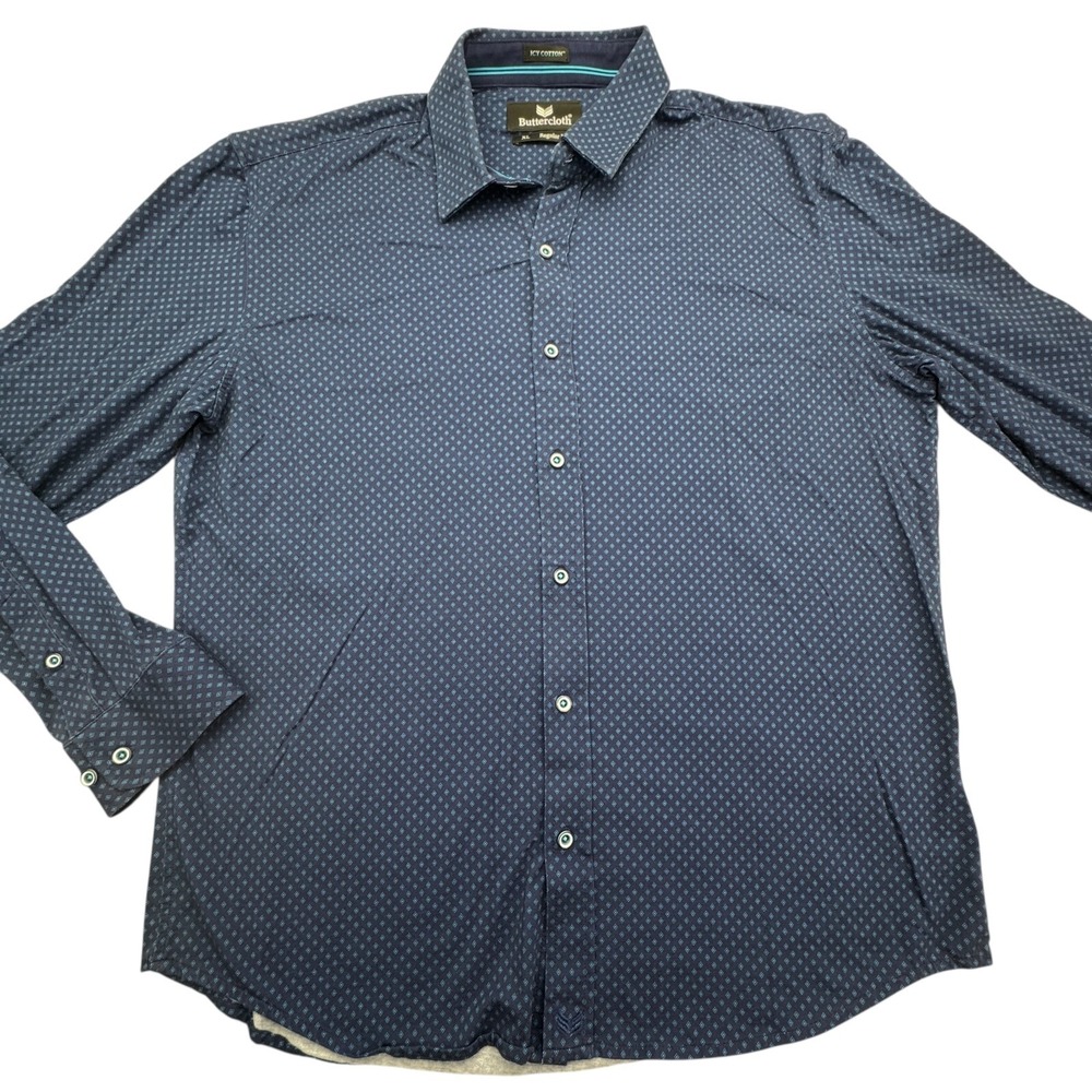 Buttercloth Shirt Mens XL Blue Polka Dot Regular Fit Icy Cotton Collar Button Up